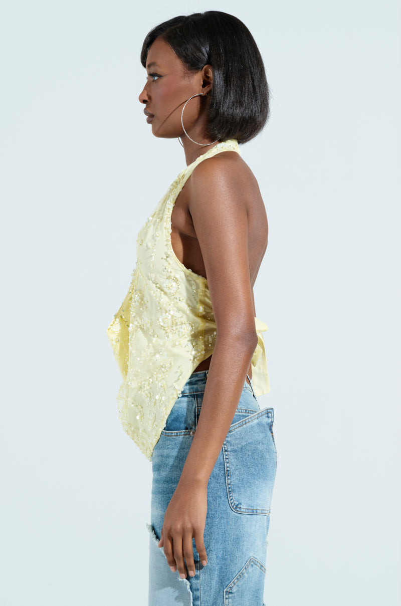 SHINE BRIGHT BABY YELLOW SEQUIN HALTER TOP