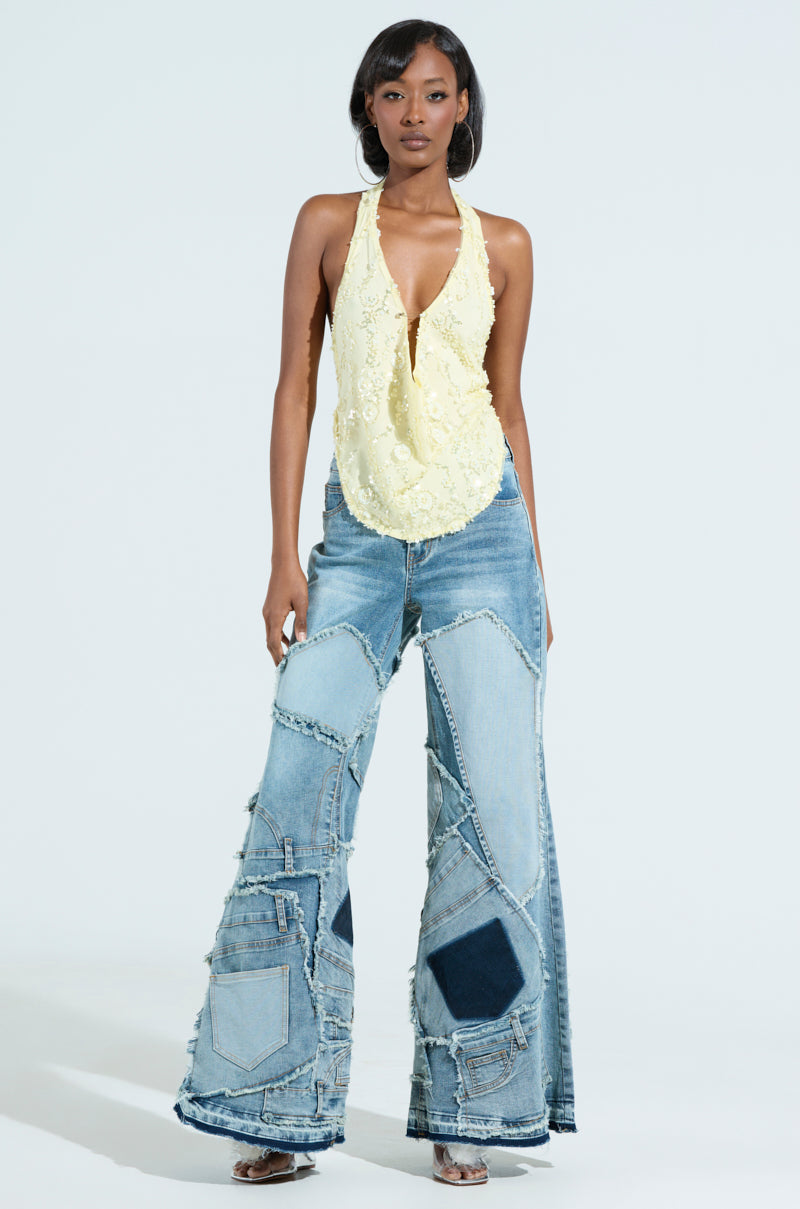 SHINE BRIGHT BABY YELLOW SEQUIN HALTER TOP