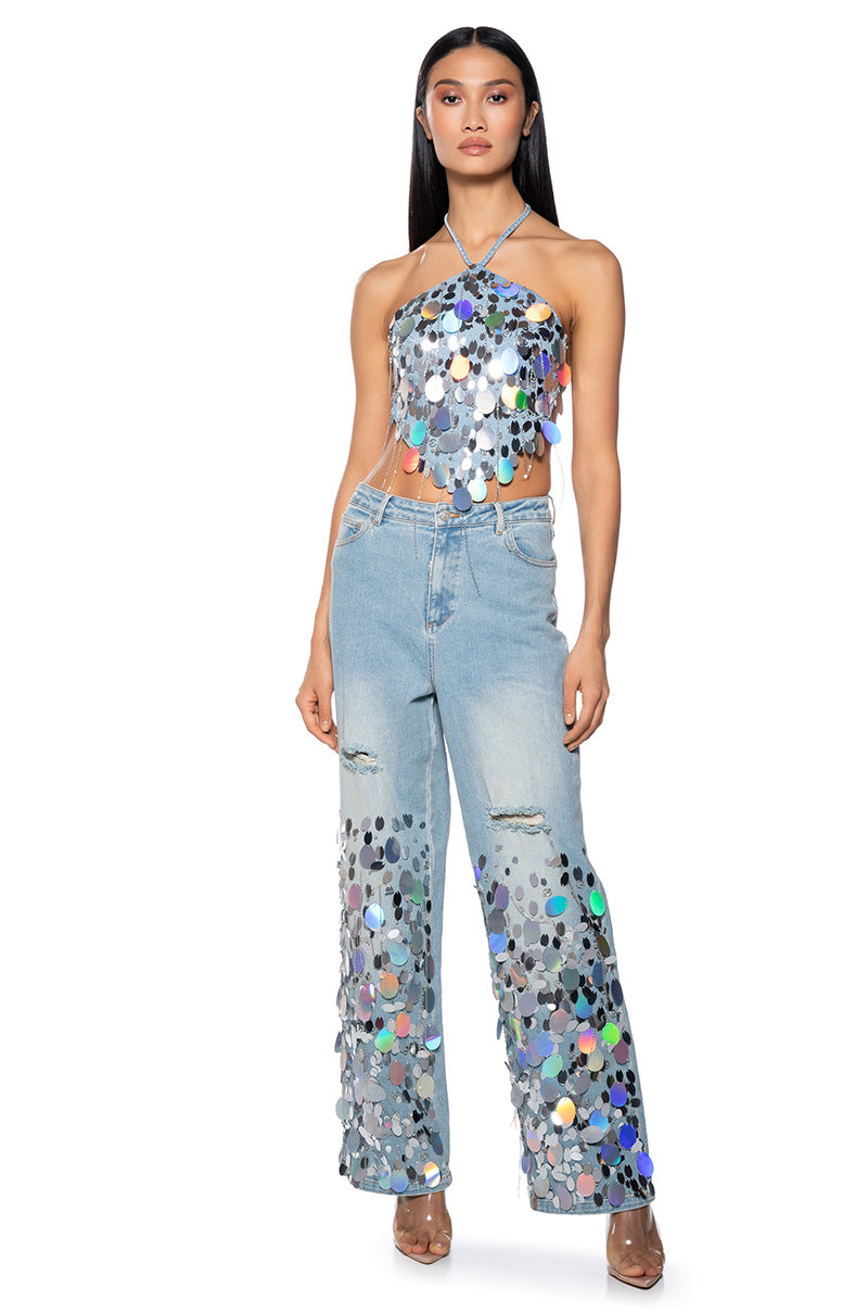 A GIRL NAMED LUCKY EMBELLISHED WIDE LEG RIPPED JEANS