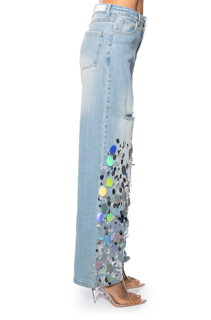 A GIRL NAMED LUCKY EMBELLISHED WIDE LEG RIPPED JEANS