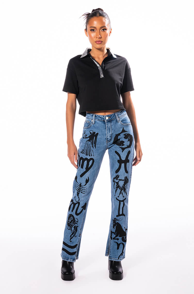 ASTROLOGICAL PRINTED HIGH RISE STRAIGHT LEG JEAN