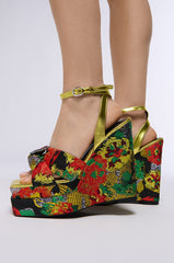 AZALEA WANG CHARMED BROCADE WEDGE SANDAL IN MULTI