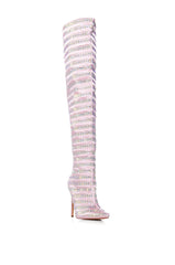 AZALEA WANG CLEARWATER RHINESTONE STRIPED SATIN BOOT IN BABY PINK