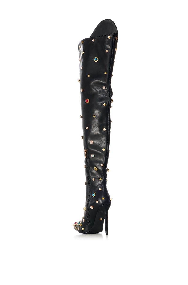 AZALEA WANG CORINNE EMBELLISHED ABOVE THE KNEE BOOT IN BLACK