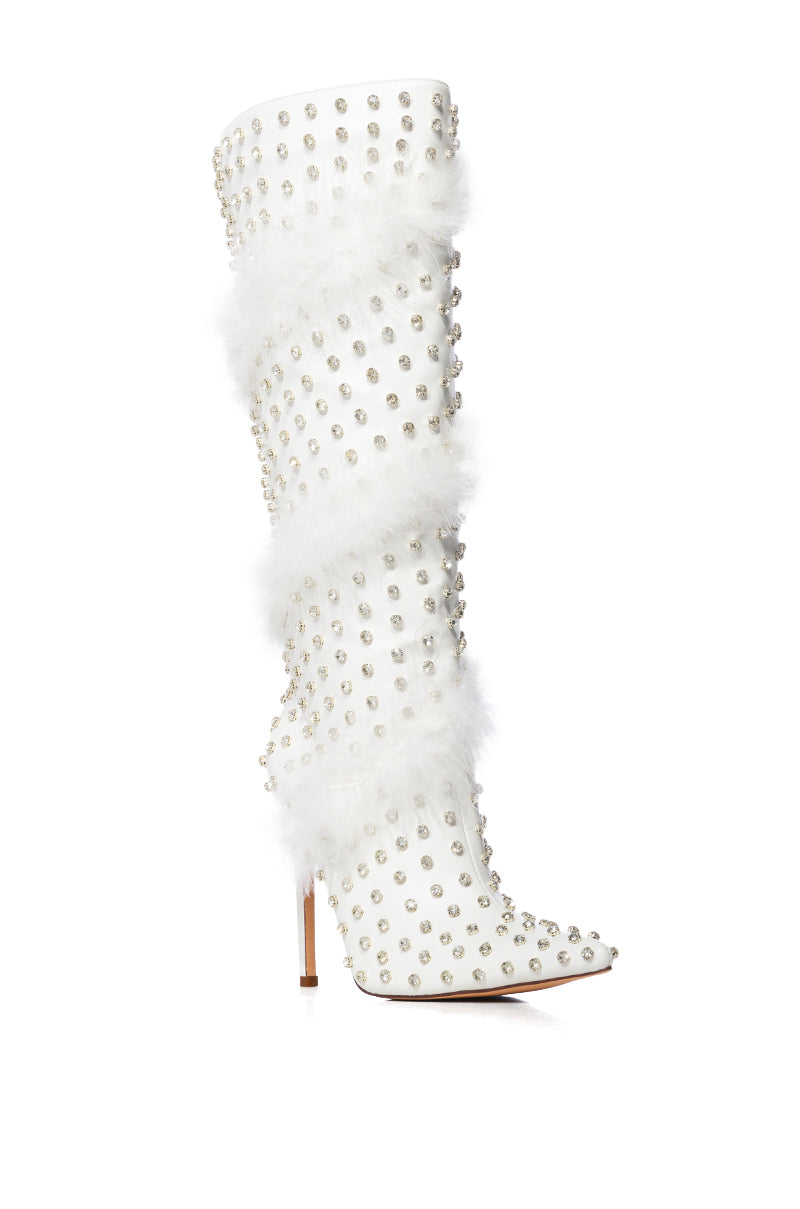 AZALEA WANG GARDENIA FEATHER EMBELLISHED BOOT IN WHITE