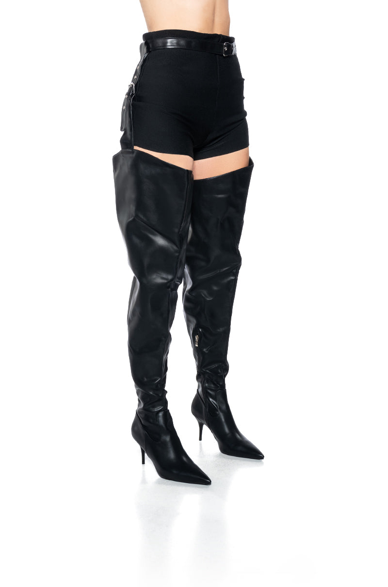 AZALEA WANG LEWANNA BLACK THIGH HIGH BELTED CHAP BOOT IN BLACK
