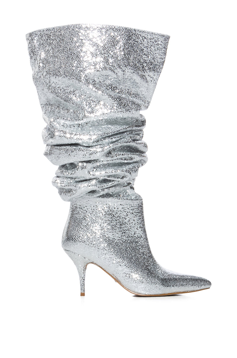 AZALEA WANG SEIRA SCRUNCHED METALLIC THIGH HIGH BOOT IN SILVER