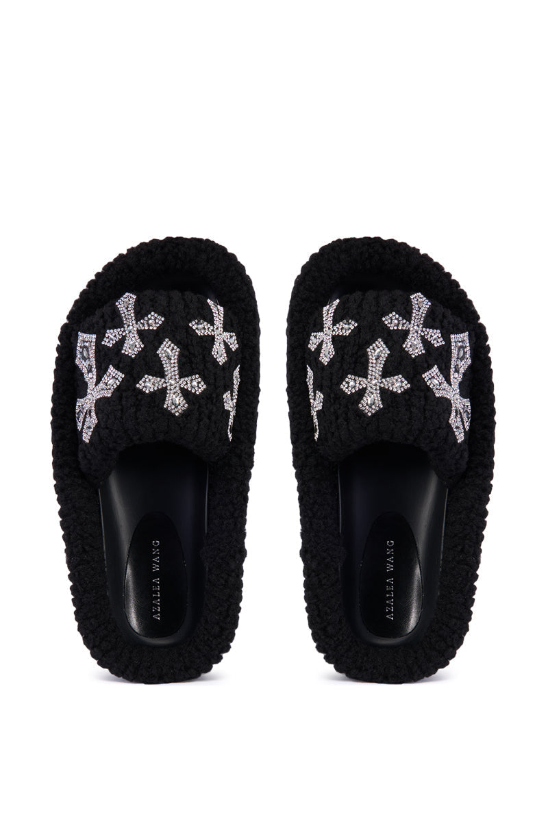 AZALEA WANG SUTTONED BLACK CROSS EMBELLISHED SLIP ON SANDAL