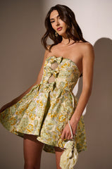 BELLE OF THE BALL BROCADE MINI DRESS IN GREEN MULTI