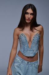 BETTER BE EMBELLISHED DENIM BUSTIER TOP