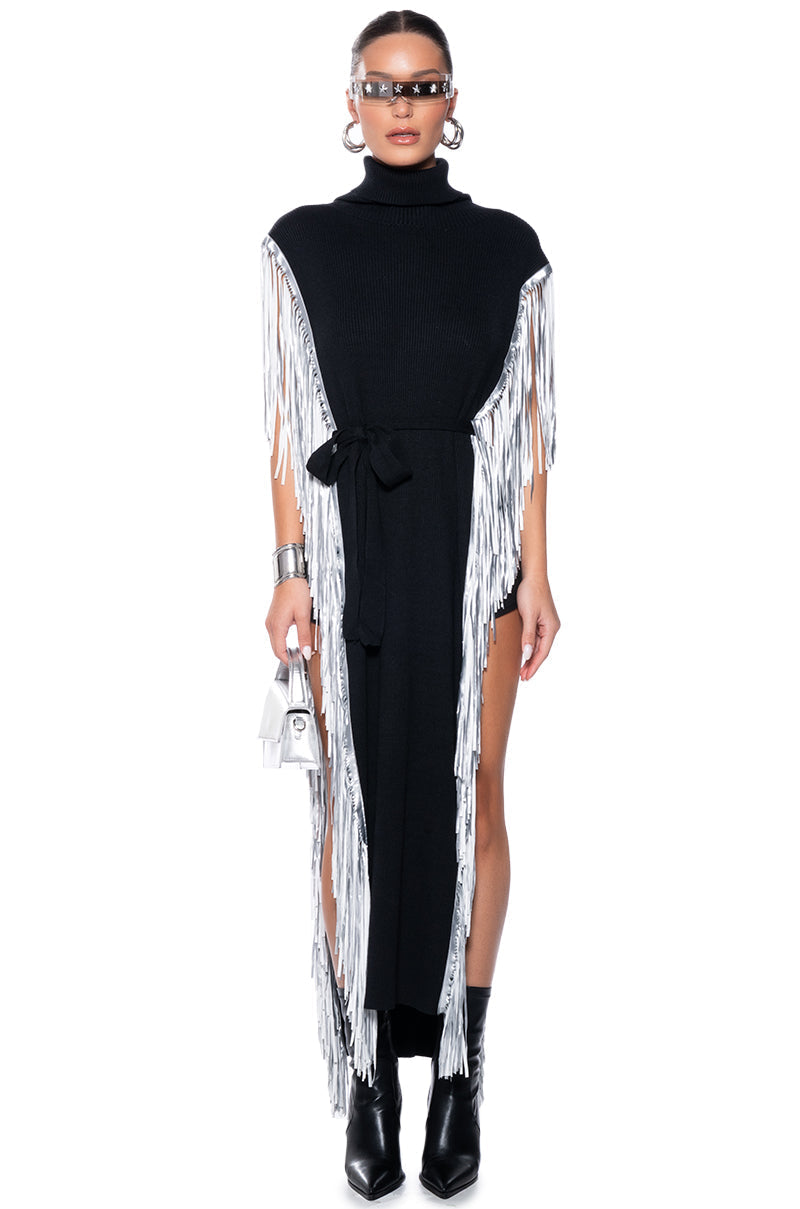 CHEYENNE FAUX LEATHER FRINGE BELTED SWEATER
