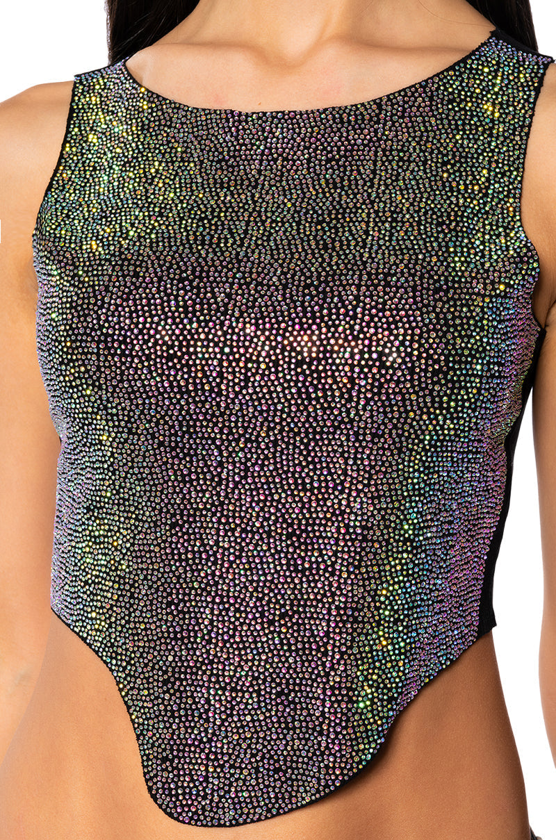 COSMIC ENERGY CROPPED CUT OFF RHINESTONE TANK IN BLACK