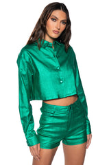 FEELING GOOD METALLIC BUTTON DOWN CROP BLOUSE