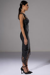 IMANI ASYMMETRICAL LACE DETAIL BANDAGE MIDI DRESS
