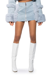 IN MY FEELINGS FUR TRIM DENIM MINI SKIRT