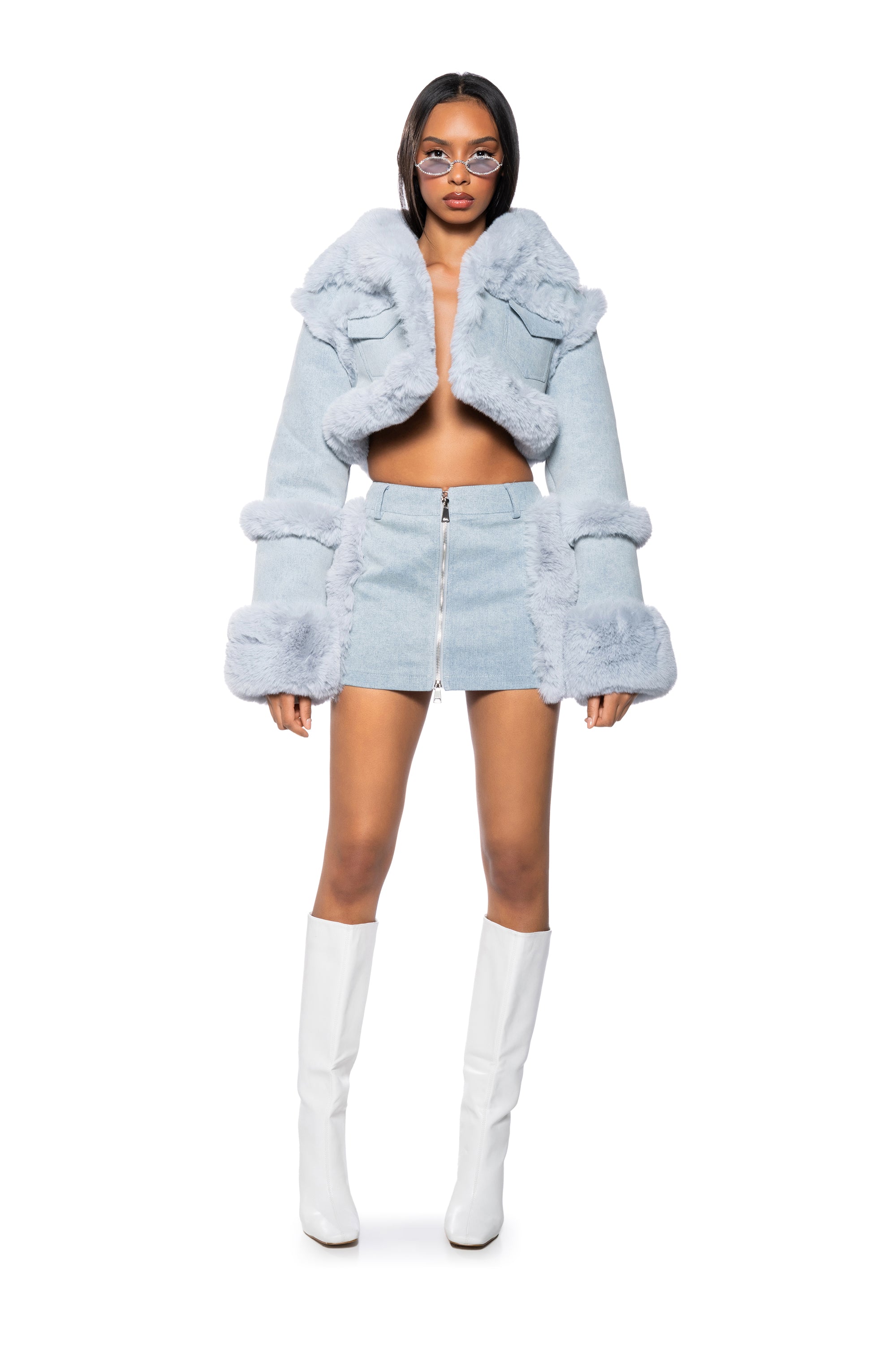 IN MY FEELINGS FUR TRIM DENIM MINI SKIRT