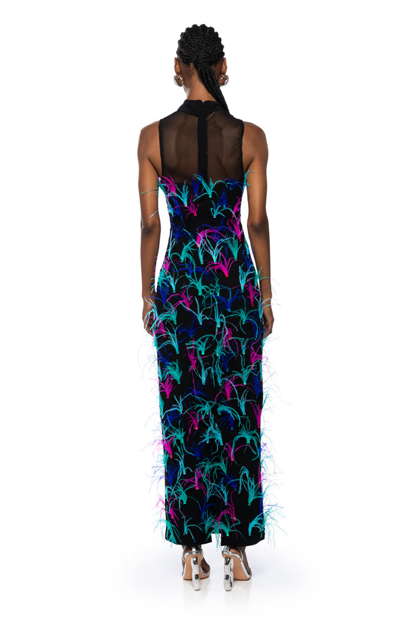 JAZZED UP FEATHER MAXI DRESS