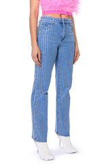 KICK BACK PINSTRIPE RHINESTONE WIDE LEG JEANS