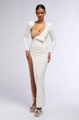 LEADER OF THE PACK LONG SLEEVE HIGH SLIT GOWN IN WHITE