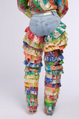LIFE IS BUT A DREAM BROCADE RUFFLE DENIM JEANS