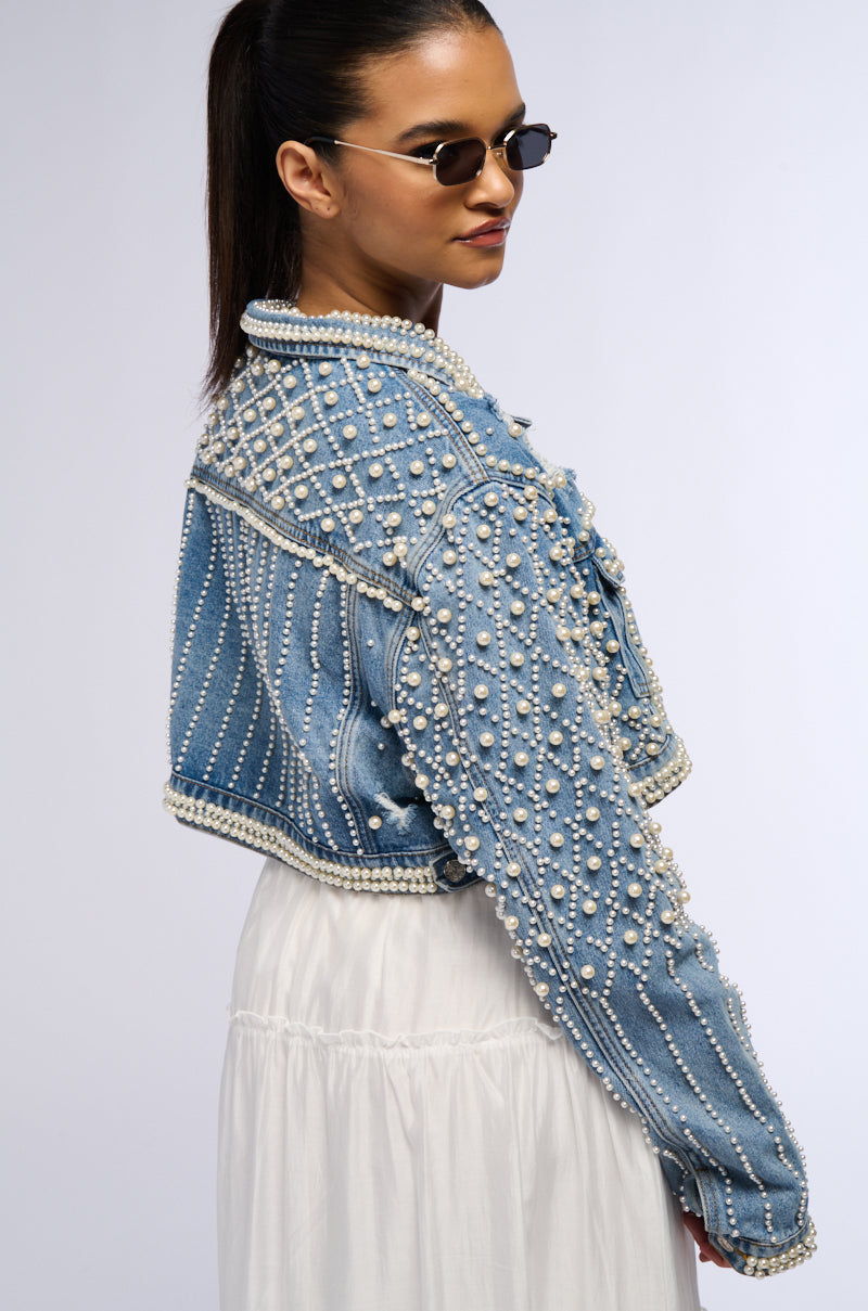 LUCKY YOU CROPPED PEARL DENIM JACKET