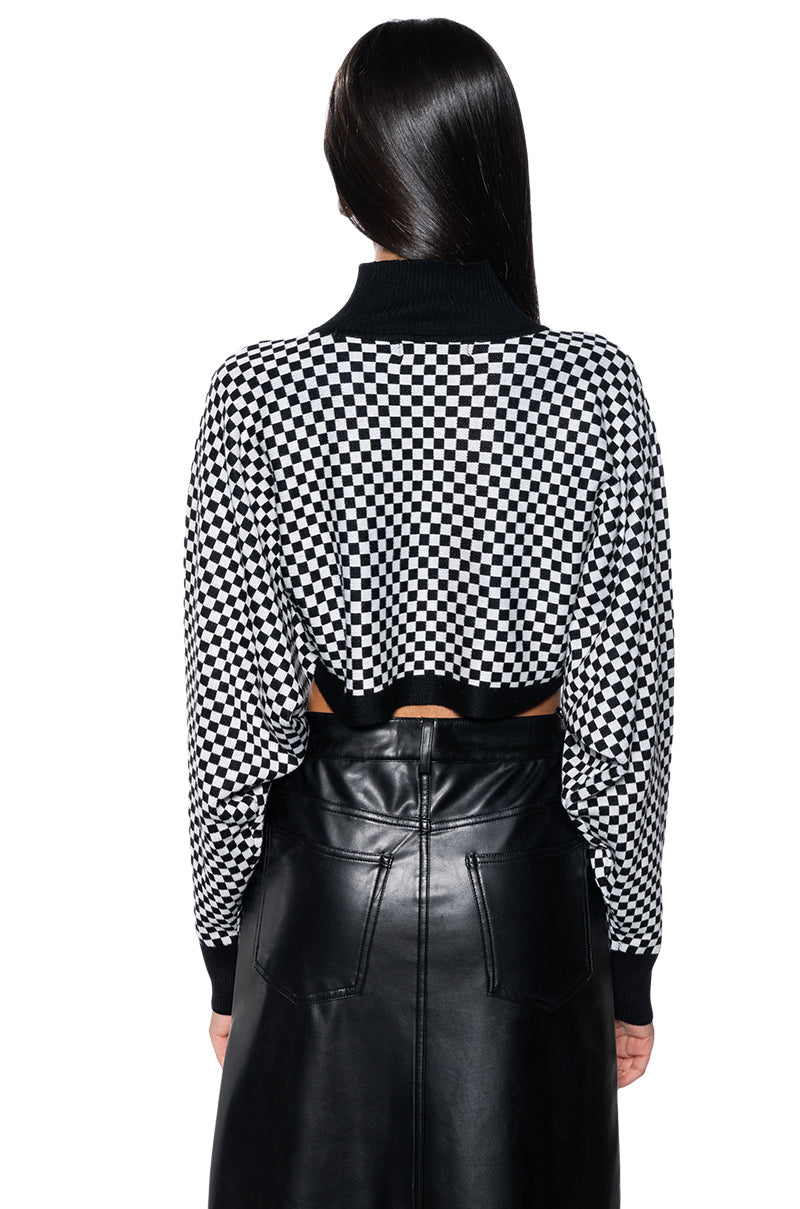 MADEMOISELLE NOIR MOCK NECK CHECKERED KNIT SWEATER