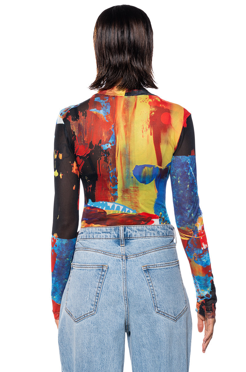 MODERN ART LONG SLEEVE MESH MOCK NECK BODYSUIT