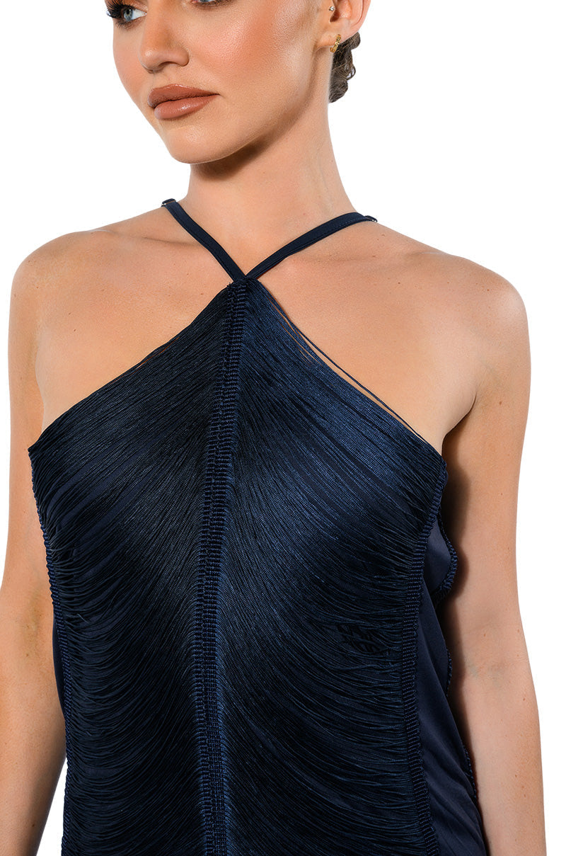NADINE LOW BACK FRINGE MIDI DRESS
