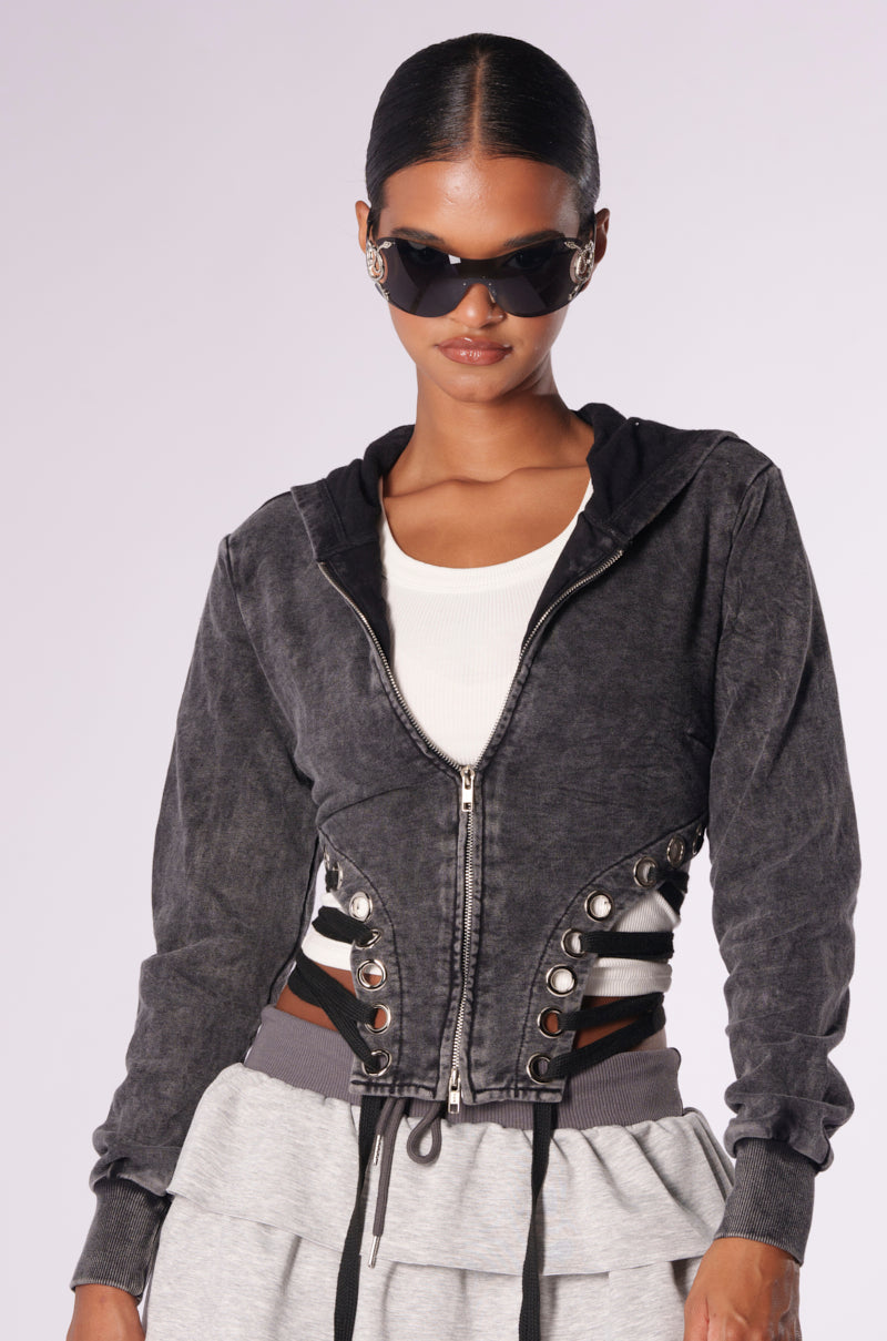 NOT MY FAULT MINERAL WASH LACE UP SWEATSHIRT