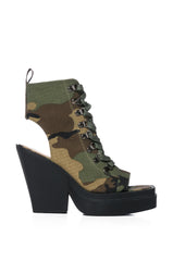 OFF DUTY PEEP TOE BOOTIE IN CAMO
