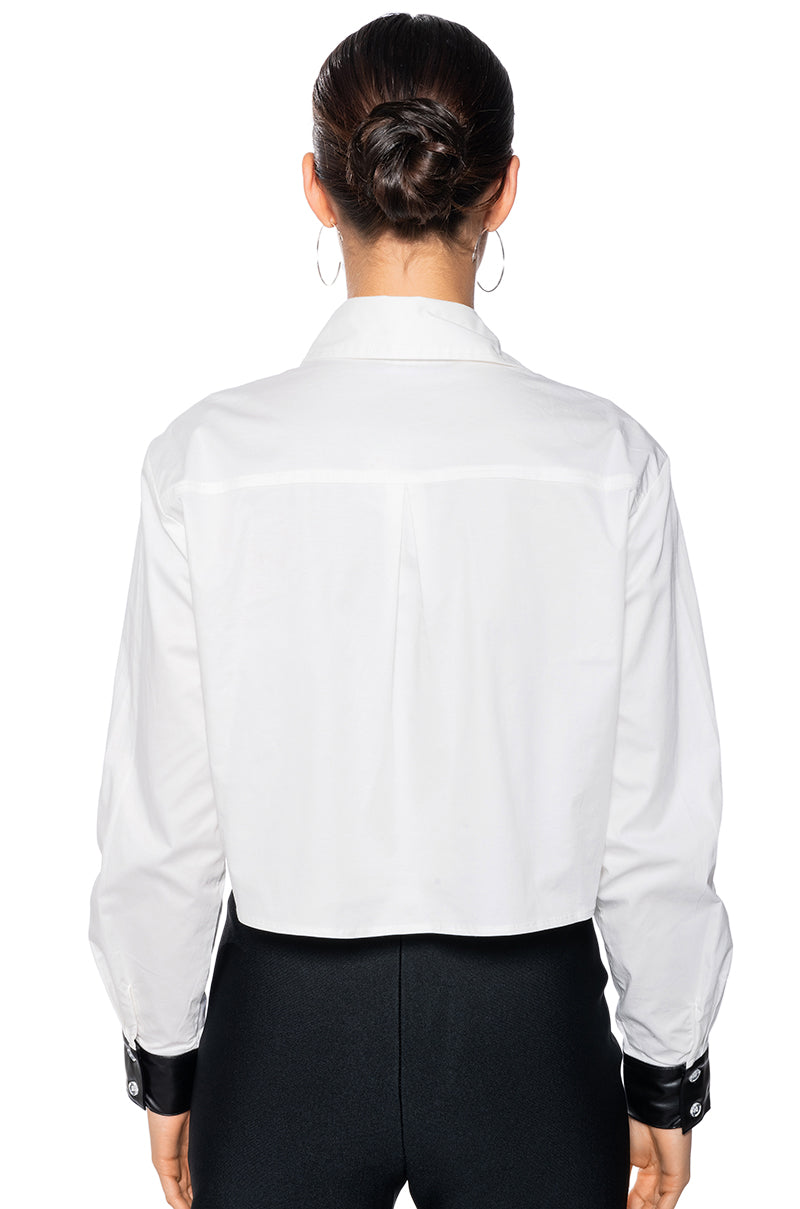 ON DUTY FAUX LEATHER POCKET DETAIL POPLIN SHIRT