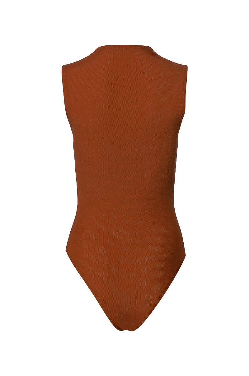 PAXTON SLEEVELESS MESH BODYSUIT IN LIGHT BROWN