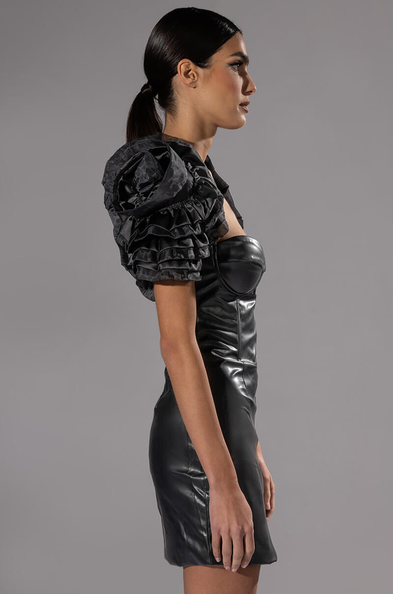 SLOANE SHOULDER DETAIL FAUX LEATHER MINI DRESS