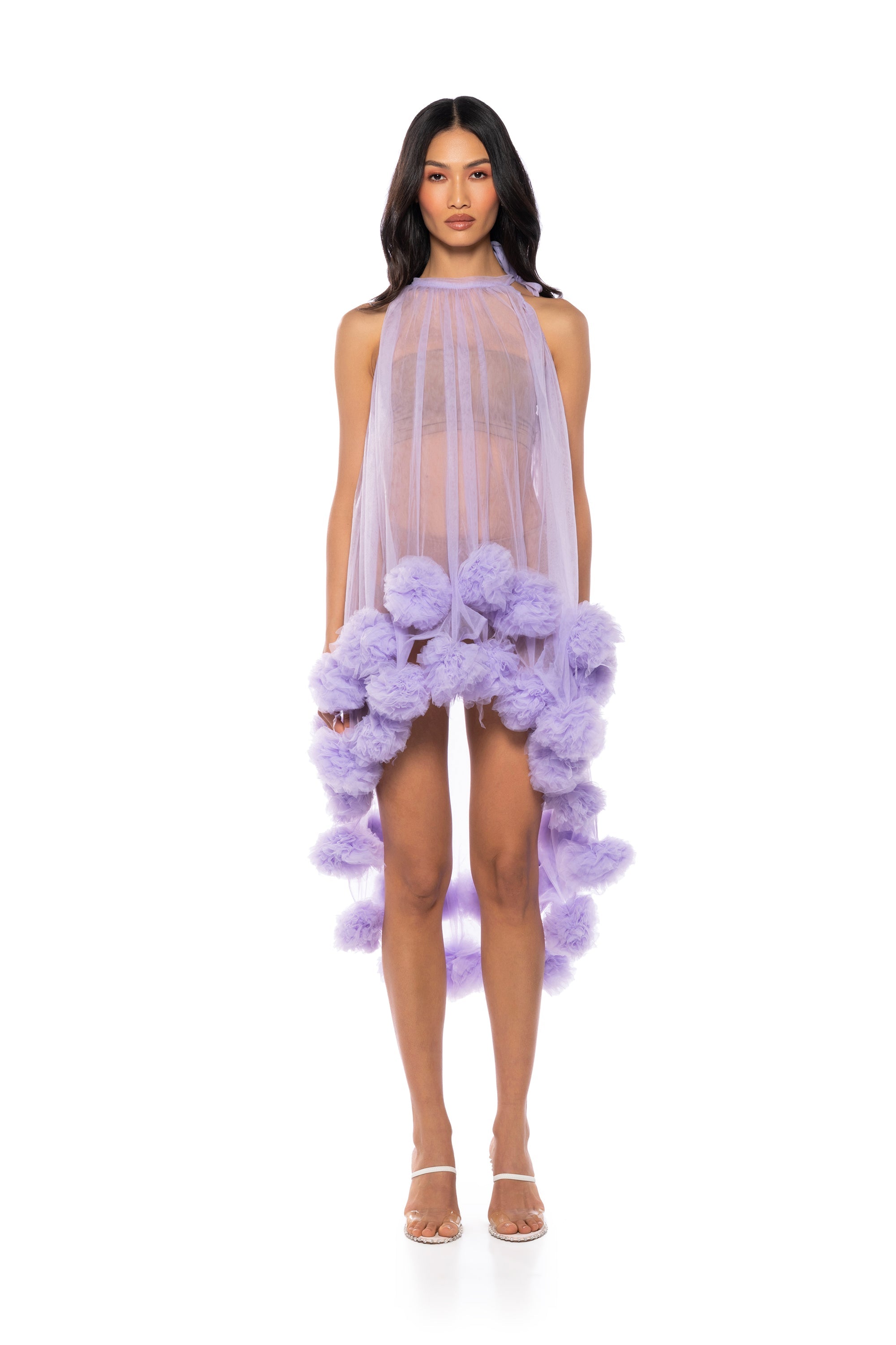 SONYA POM POM DETAIL HIGH LOW SHEER DRESS IN PURPLE