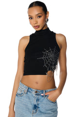 SPIDER WEBS MOCK NECK EMBELLISHED CROPPED TANK