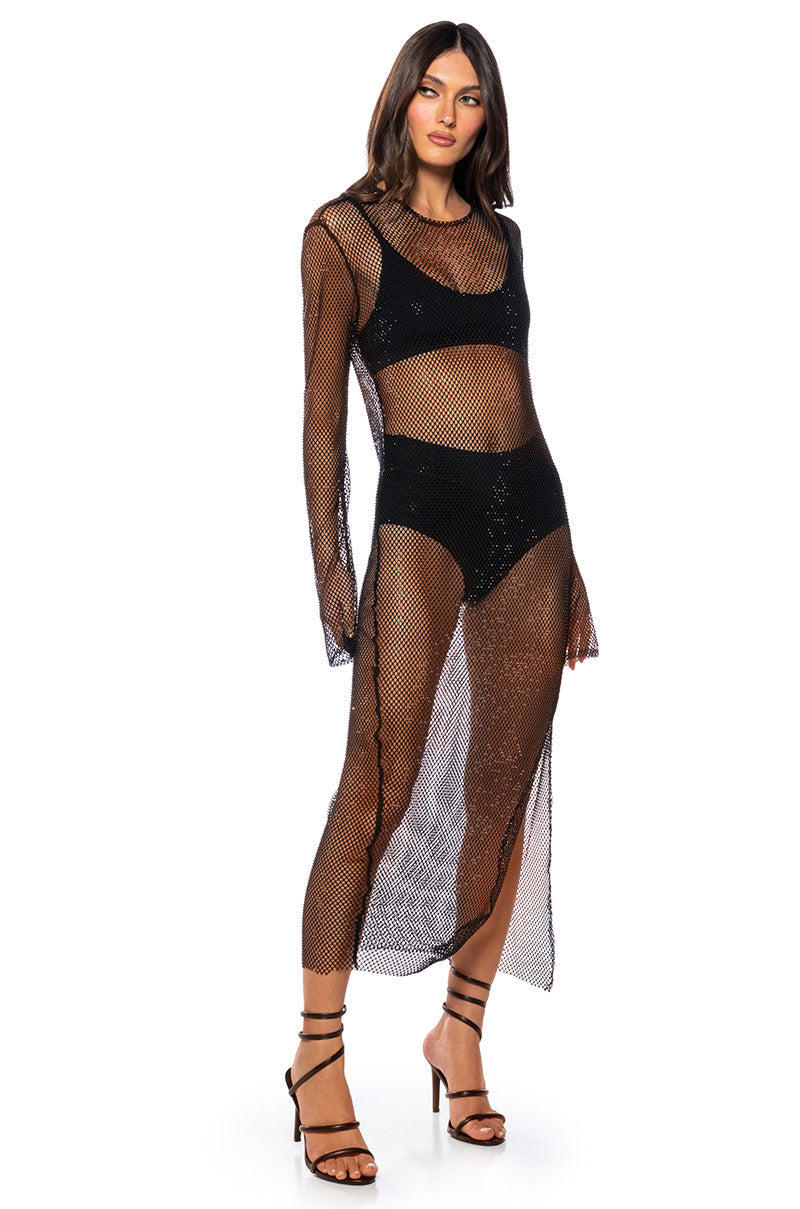 STAR OF THE NIGHT MESH LONGSLEEVE MAXI DRESS IN BLACK