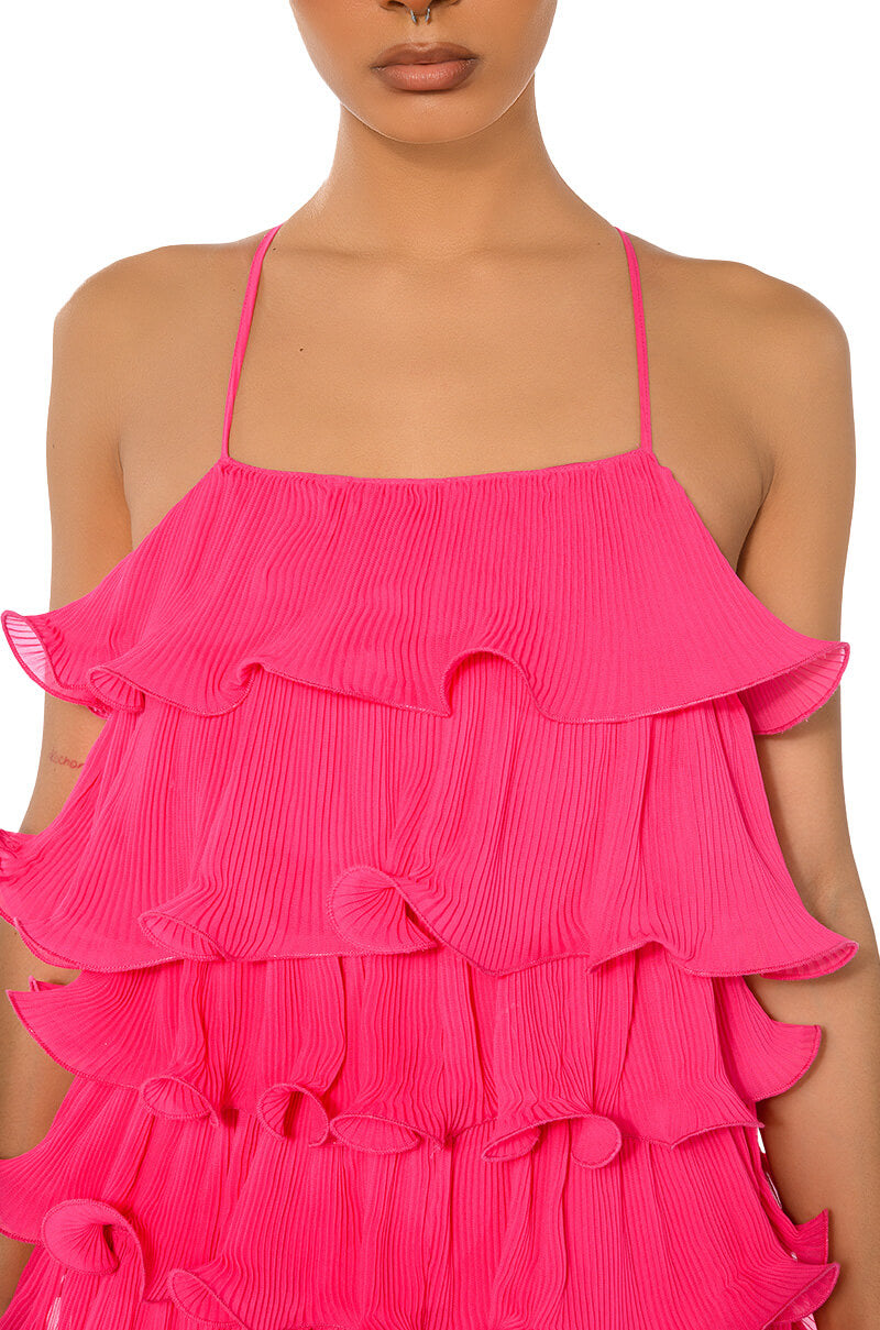 SWEETIE PLEATED RUFFLE SLEEVELESS MINI DRESS