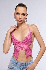 TIME TO FLY BUTTERFLY RHINESTONE TOP IN PINK MULTI