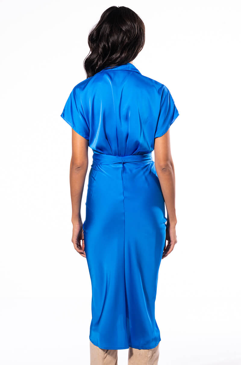WEDDING GUEST READY SATIN TIE FRONT DRESS
