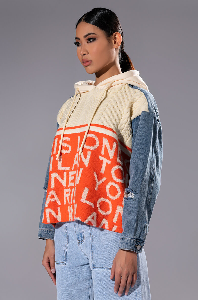 WORLD TRAVELER DENIM DETAIL SWEATER