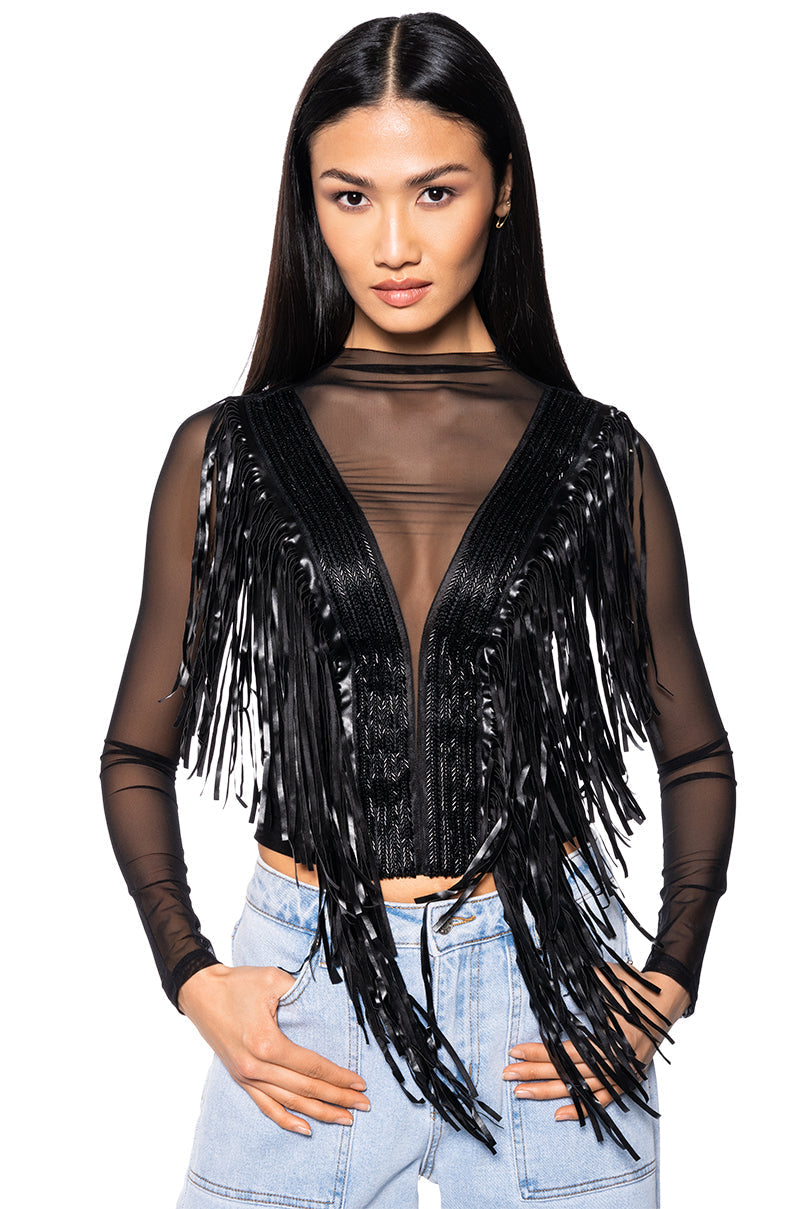WORHTY OF ME FRINGE DETAIL LONG SLEEVE MESH TOP